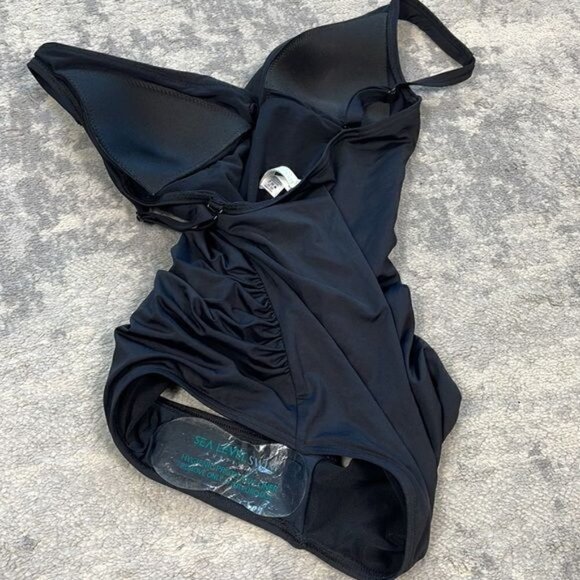 New Sea Level Eco Essentials Cross Front One Piece Swimsuit Black Ruched Sz 4 - Picture 15 of 16